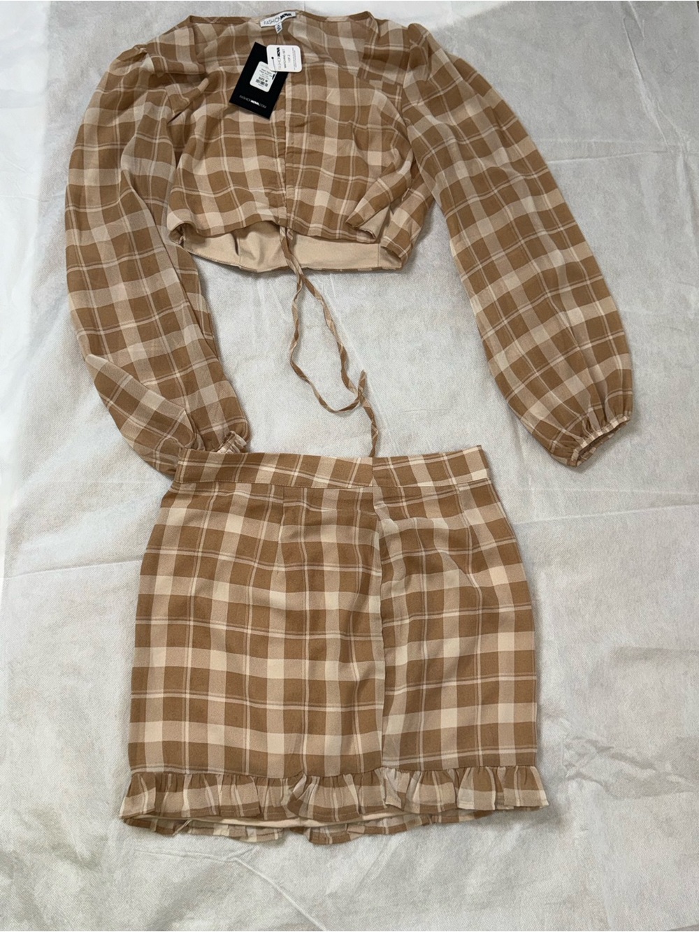 Fashion Nova Beige and Cream Plaid Two-Piece Crop Top and Skirt Set